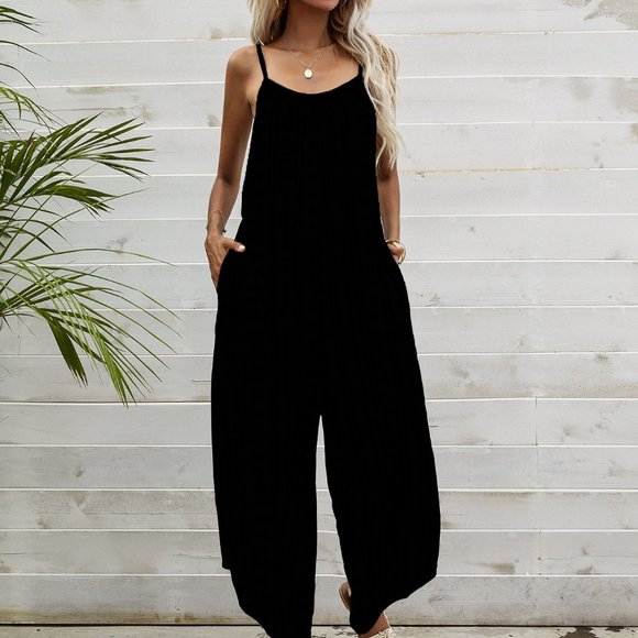 New Striped Print Asymmetrical Hem Cami Jumpsuit Black - Picture 7 of 7